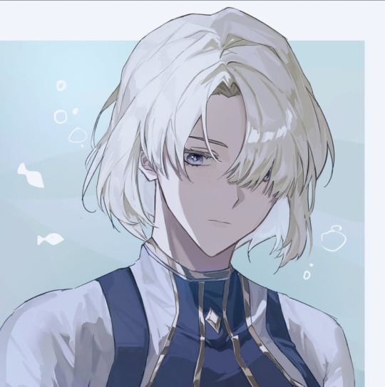 An image of the character Freminet, a blonde, blue eyed young man from Genshin Impact, drawn by Saelom2208. He is wearing a blue and white outfit and looking down with a meloncholy expression.