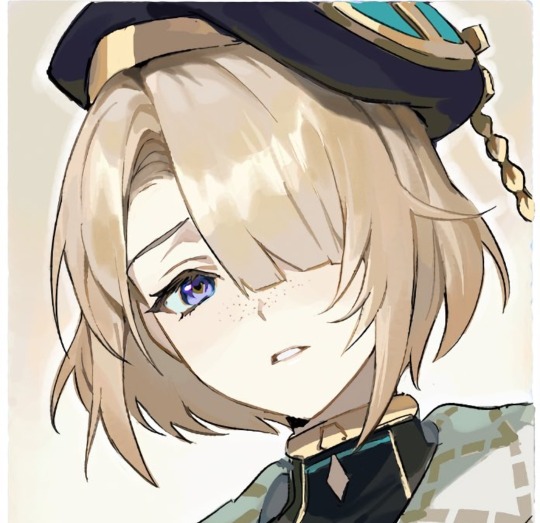 An image of the character Freminet, a blonde, blue eyed young man from Genshin Impact, drawn by 42u16. He is looking at the viewer with a slightly worried expression. 
